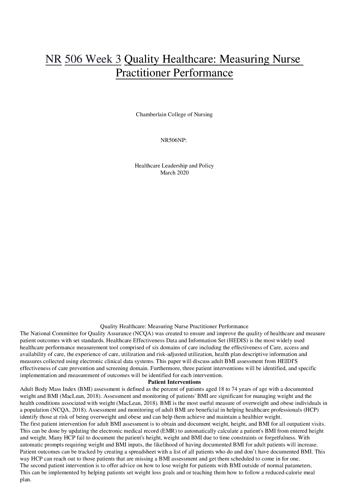 NR 506 Week 3 Quality Healthcare Measuring Nurse Practitioner